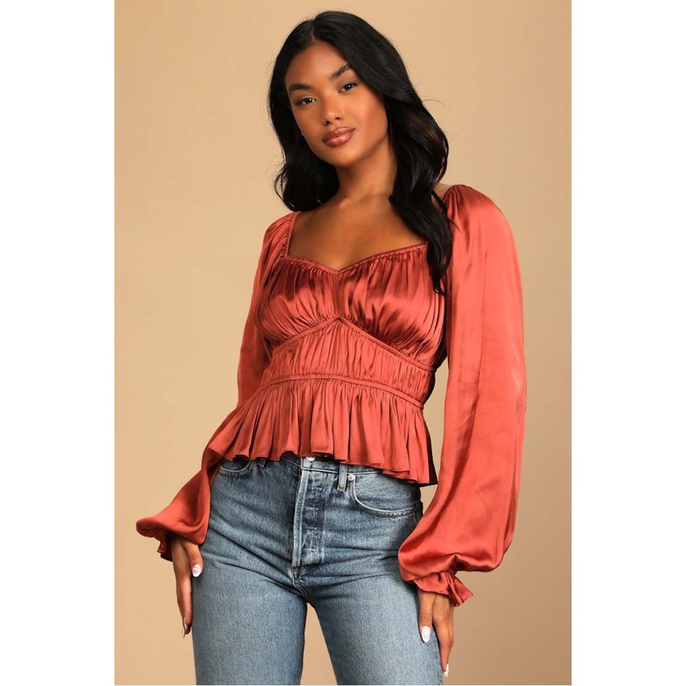 Lulus Sophisticate Rust Brown Satin Ruched Long Sleeve Top